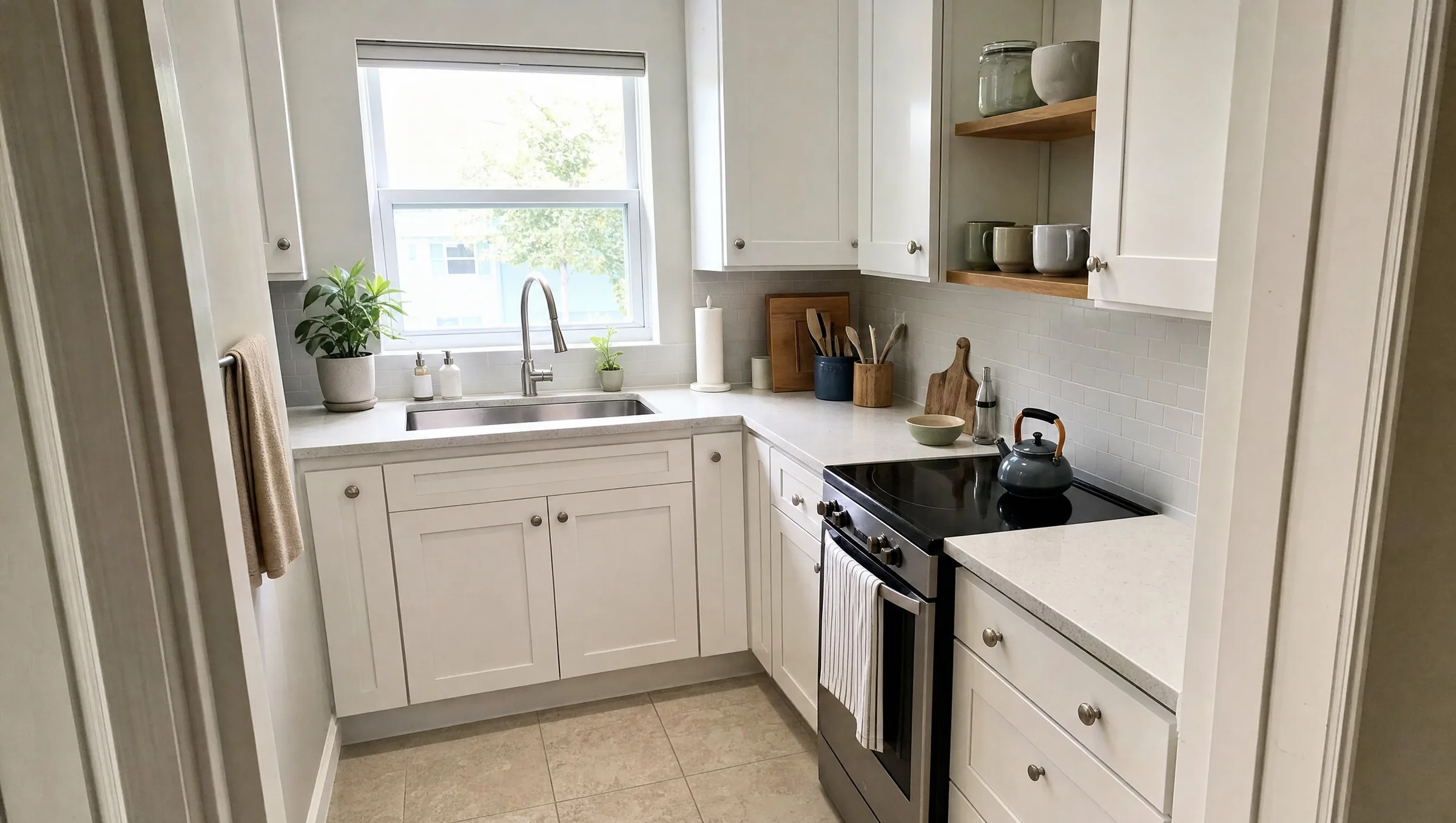 Small L-shaped kitchen about 8 by 10 feet with white cabinets, quartz counters and a window
