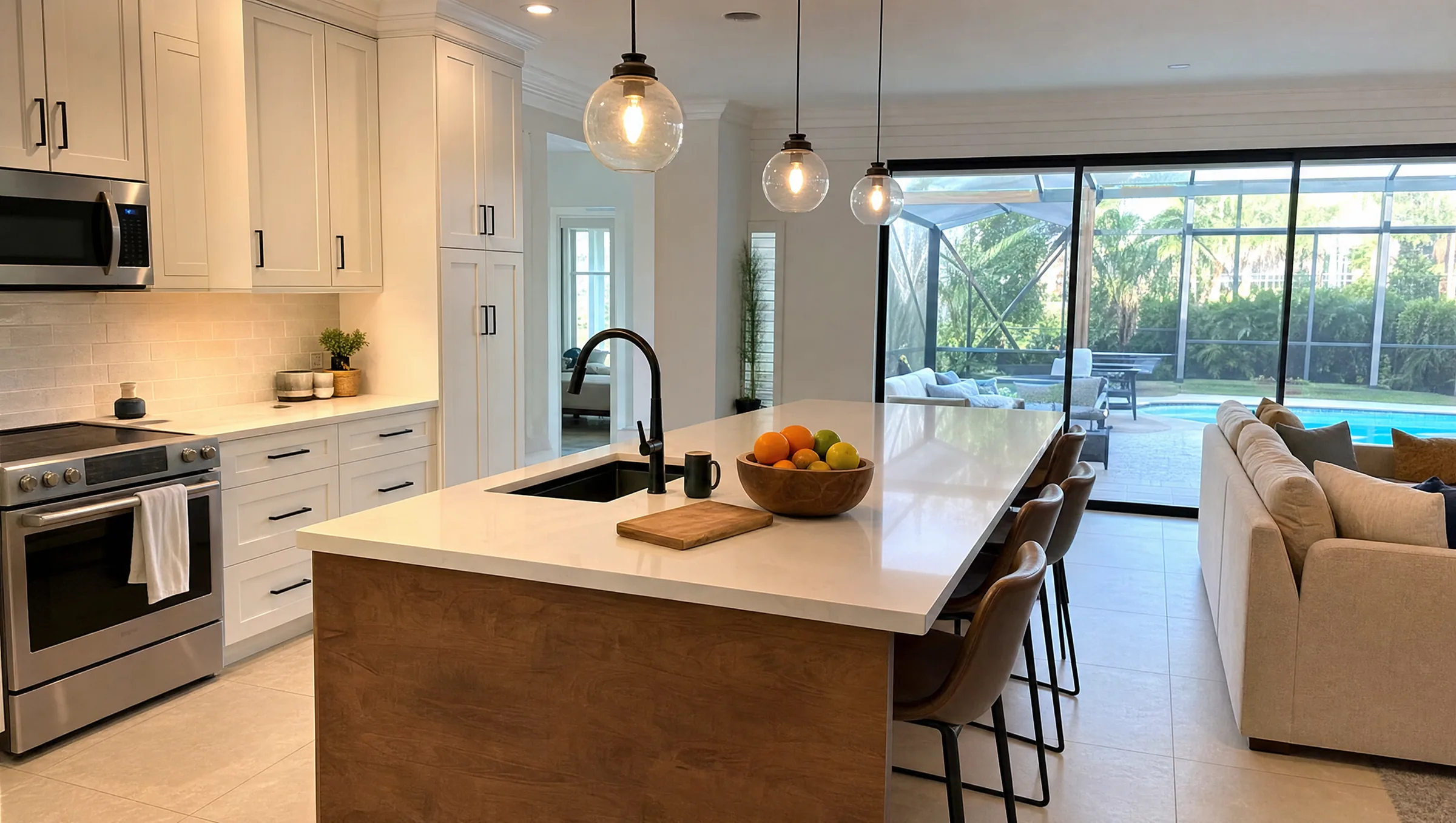 Remodeled open-plan kitchen with white shaker cabinets, a large quartz island and pendant lights in a Central Florida home