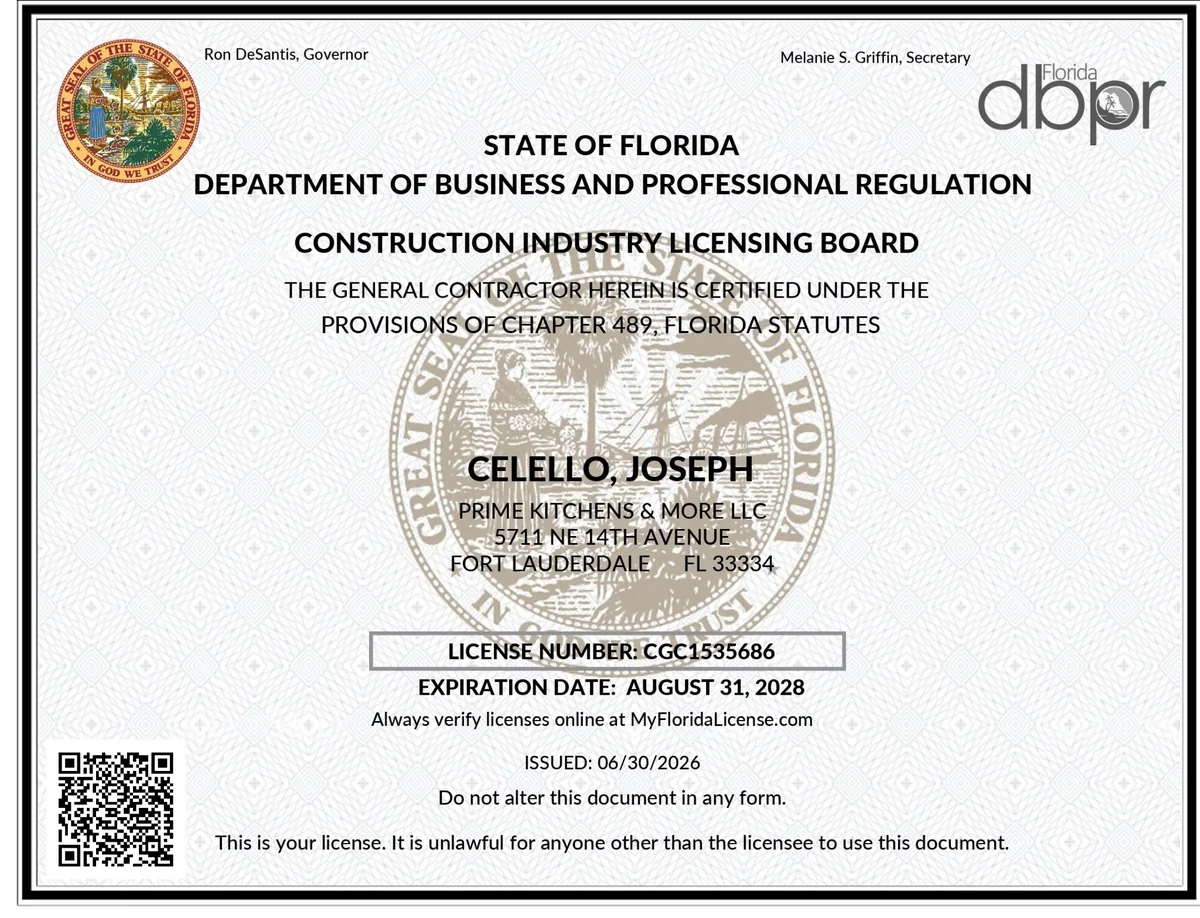 Florida DBPR certificate for license CGC1535686, Prime Kitchens & More LLC, valid through August 31, 2028