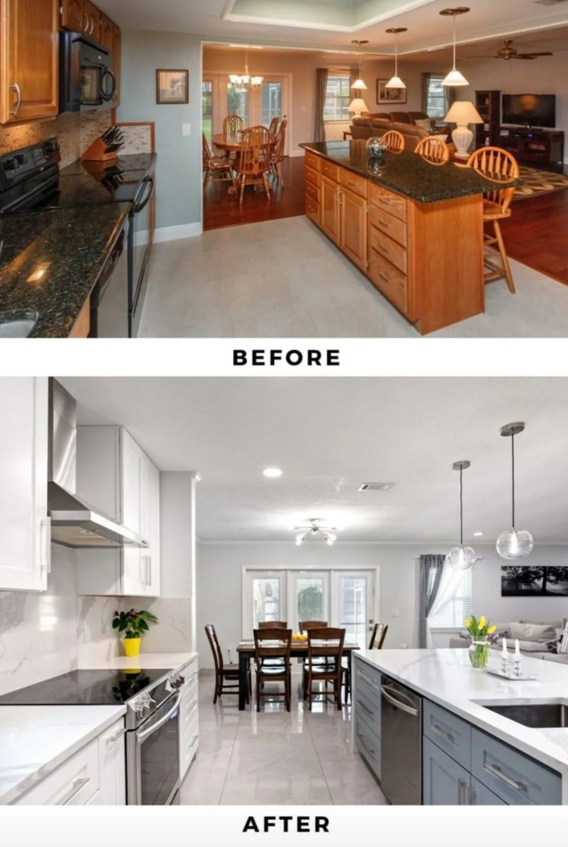Kitchen before and after: oak cabinets and dark granite replaced with white cabinets, quartz counters and new lighting