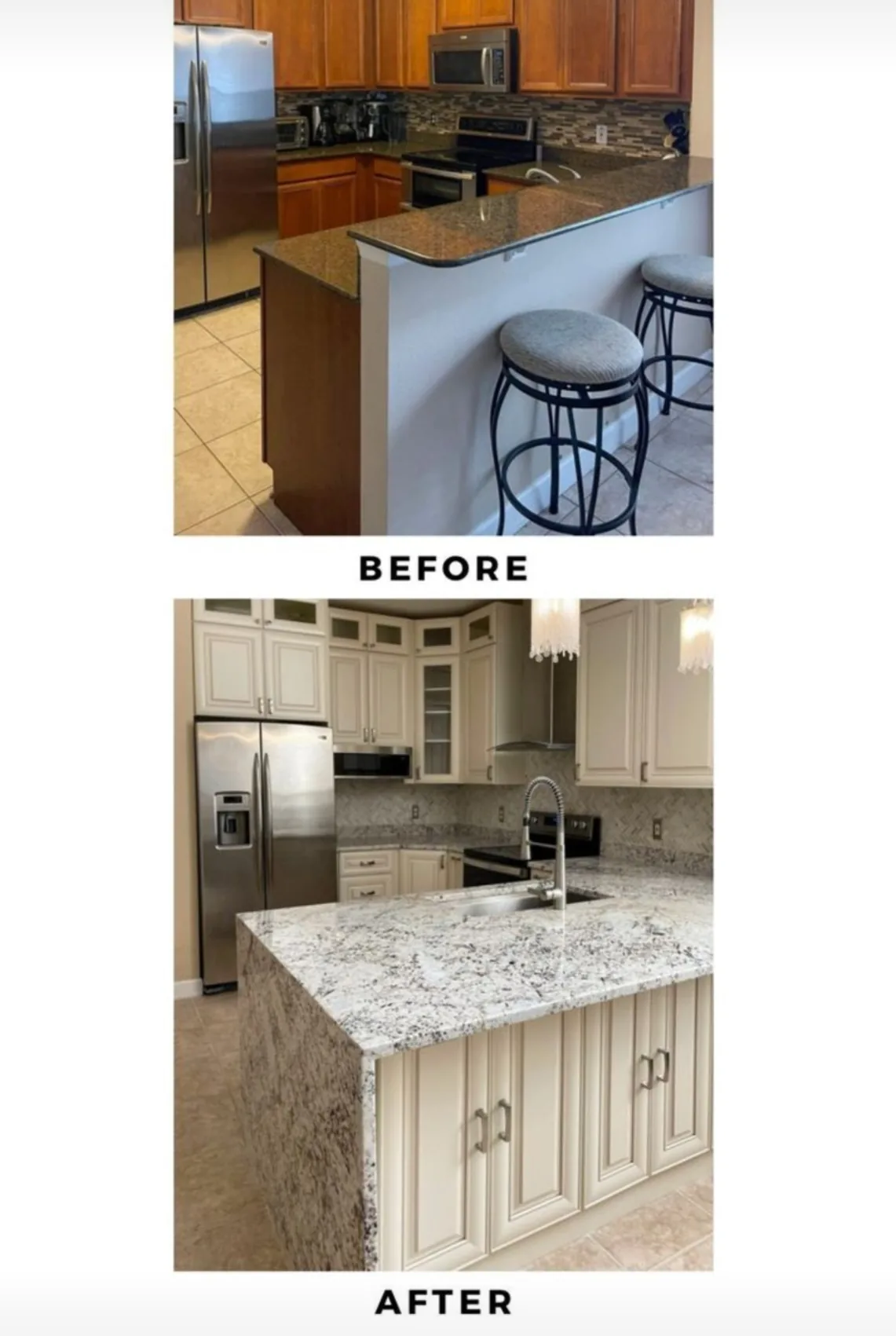 Kitchen before and after: cherry kitchen updated with cream raised panel cabinets and a white granite island