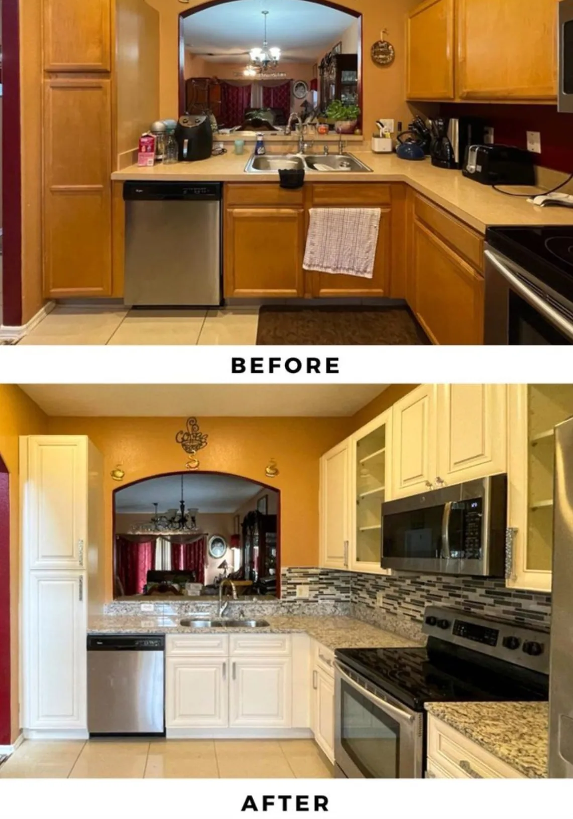Kitchen before and after: oak cabinets replaced with white cabinets, granite and a stone backsplash