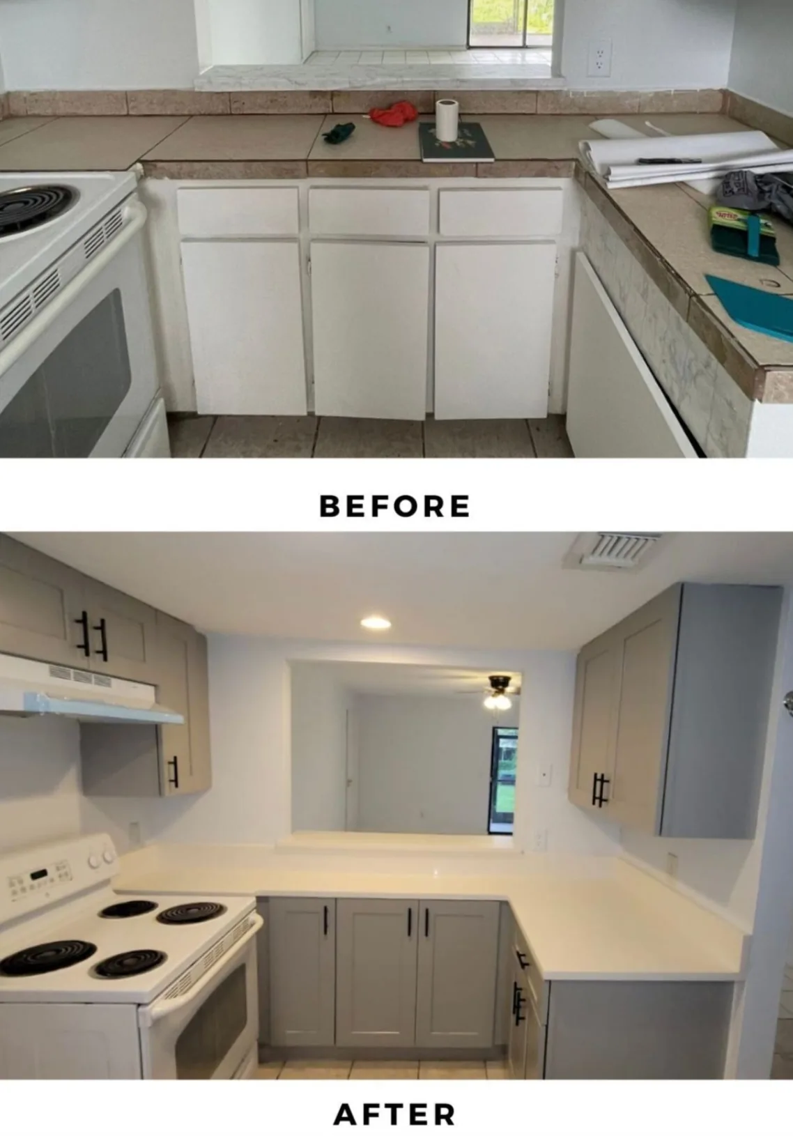 Kitchen before and after: old laminate kitchen replaced with gray cabinets and quartz counters