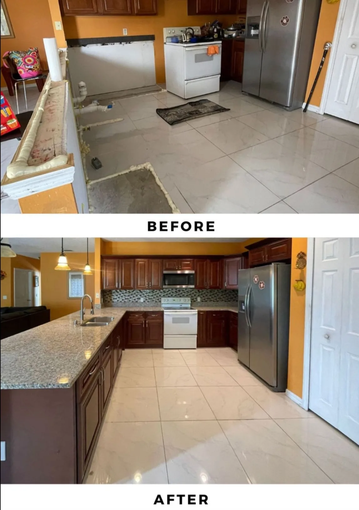 Kitchen before and after: dated kitchen replaced with cherry cabinets and granite counters