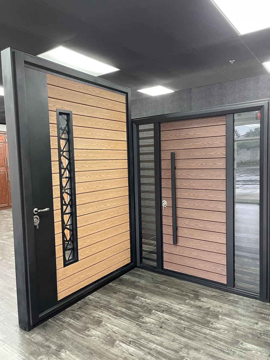 Entry door samples on display in the showroom